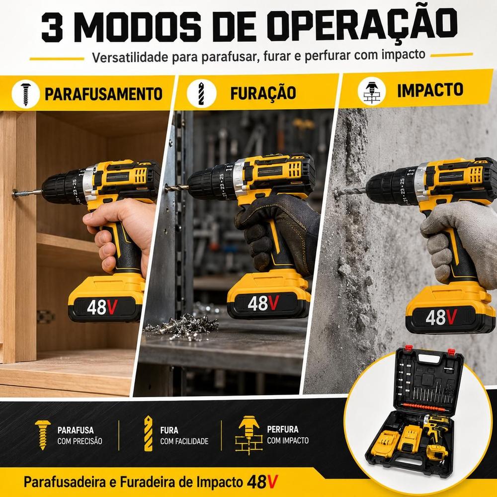 Parafusadeira Furadeira De Impacto 48V Bivolt Pró 2026 120 N.M. Profissional 2 Baterias 8000 mAh Com...