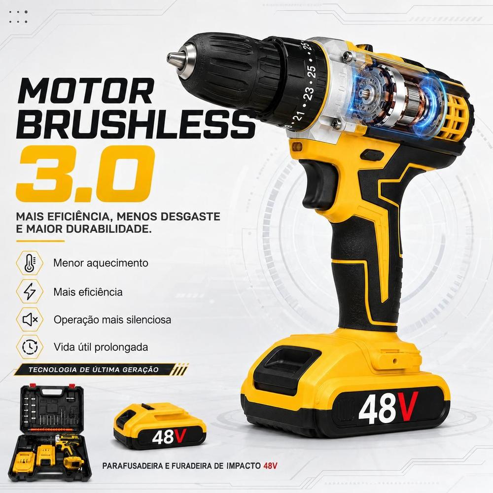 Parafusadeira Furadeira De Impacto 48V Bivolt Pró 2026 120 N.M. Profissional 2 Baterias 8000 mAh Com...