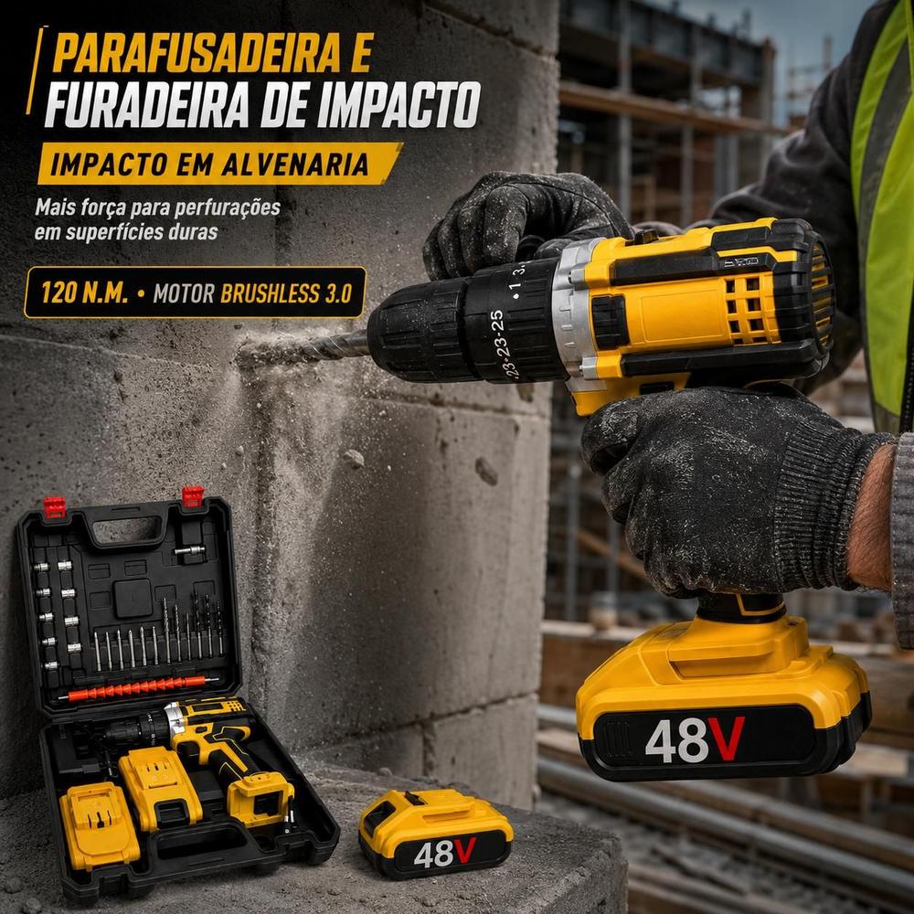 Parafusadeira Furadeira De Impacto 48V Bivolt Pró 2026 120 N.M. Profissional 2 Baterias 8000 mAh Com...