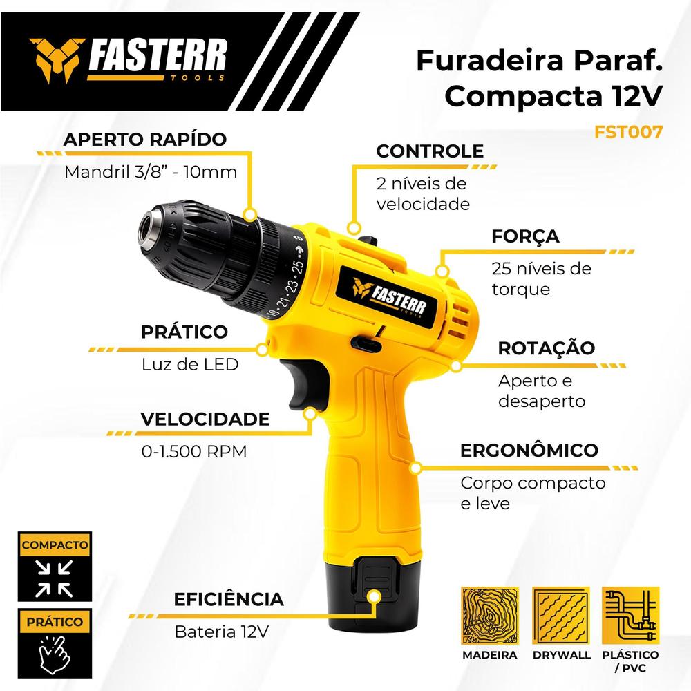 Parafusadeira Furadeira Sem fio 3/8 Bivolt A Bateria 12v FST007 - Fasterr Tools