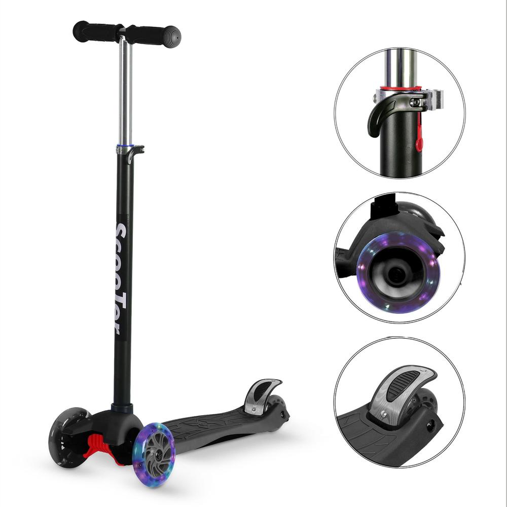 Patinete Infantil 4 Rodas com Luz de LED Altura Regulável Dobrável Resistente Até 60kg Crianças Adolescentes Menino e Menina