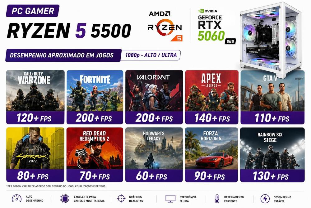 PC Computador Gamer Ryzen 5 5500 B450 16gb DDR4 Ssd 1tb Rtx 5060 8gb - Option Soluções