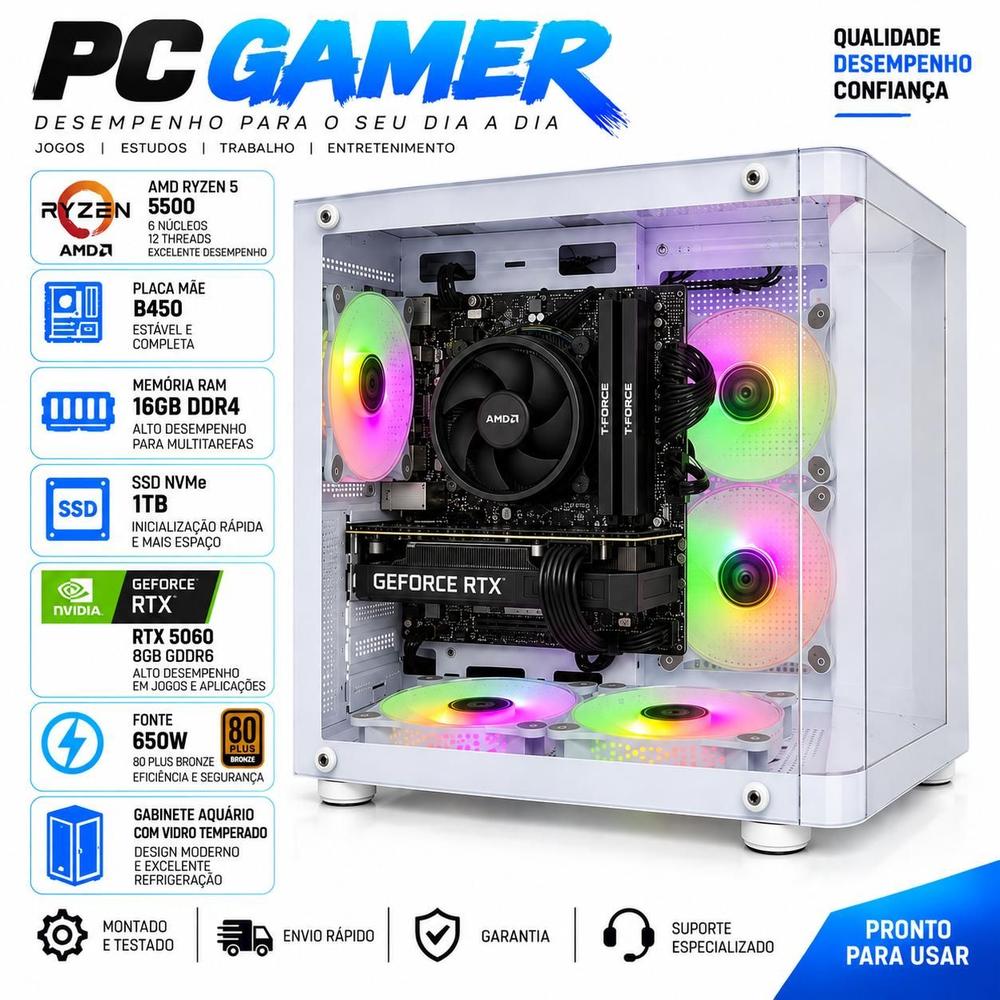 PC Computador Gamer Ryzen 5 5500 B450 16gb DDR4 Ssd 1tb Rtx 5060 8gb - Option Soluções