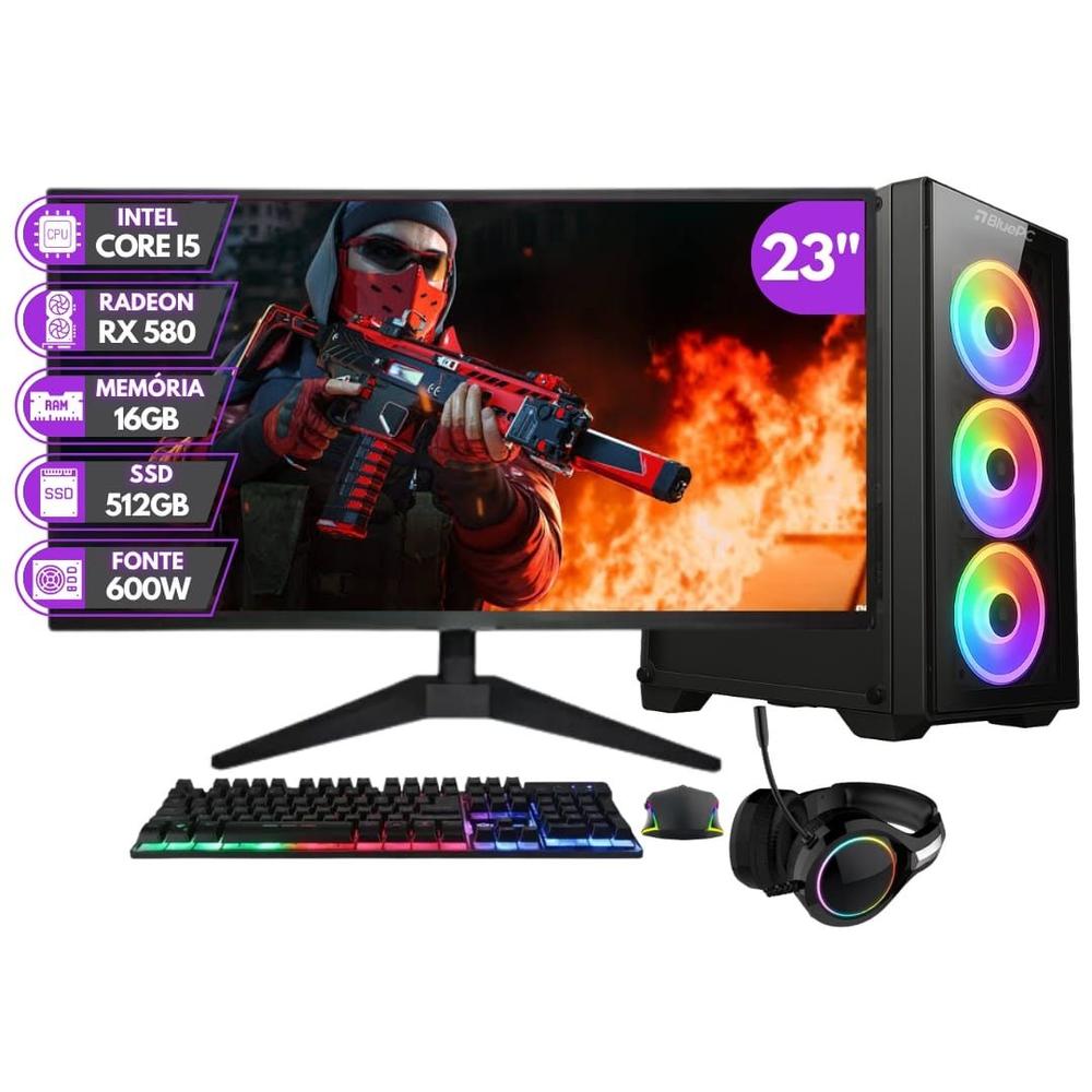 PC Gamer Completo BluePC RUSH - Intel Core i5 16GB RAM Radeon RX 580 8GB SSD 512GB Monitor 23" 75Hz Full...