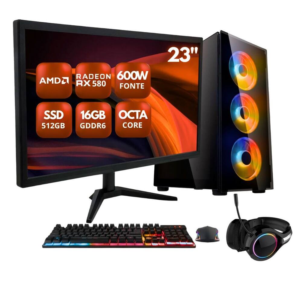 PC Gamer Completo ZEN by BluePC - AMD Ryzen 4700S, 8 núcleos e 16 threads, Radeon RX 580 8GB, 16GB RAM,...