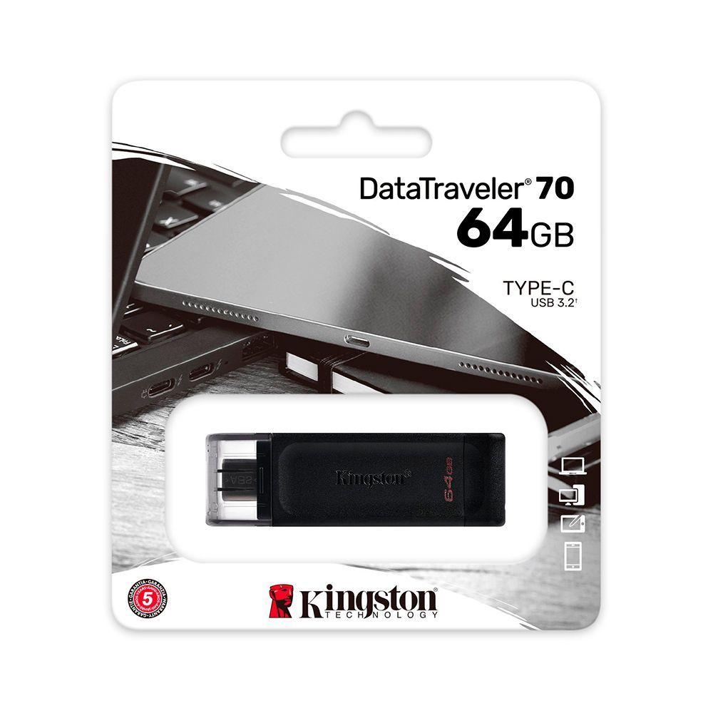 Pen Drive 64GB Kingston DataTravaler 70, USB-C 3.2, Preto - DT70/64GB