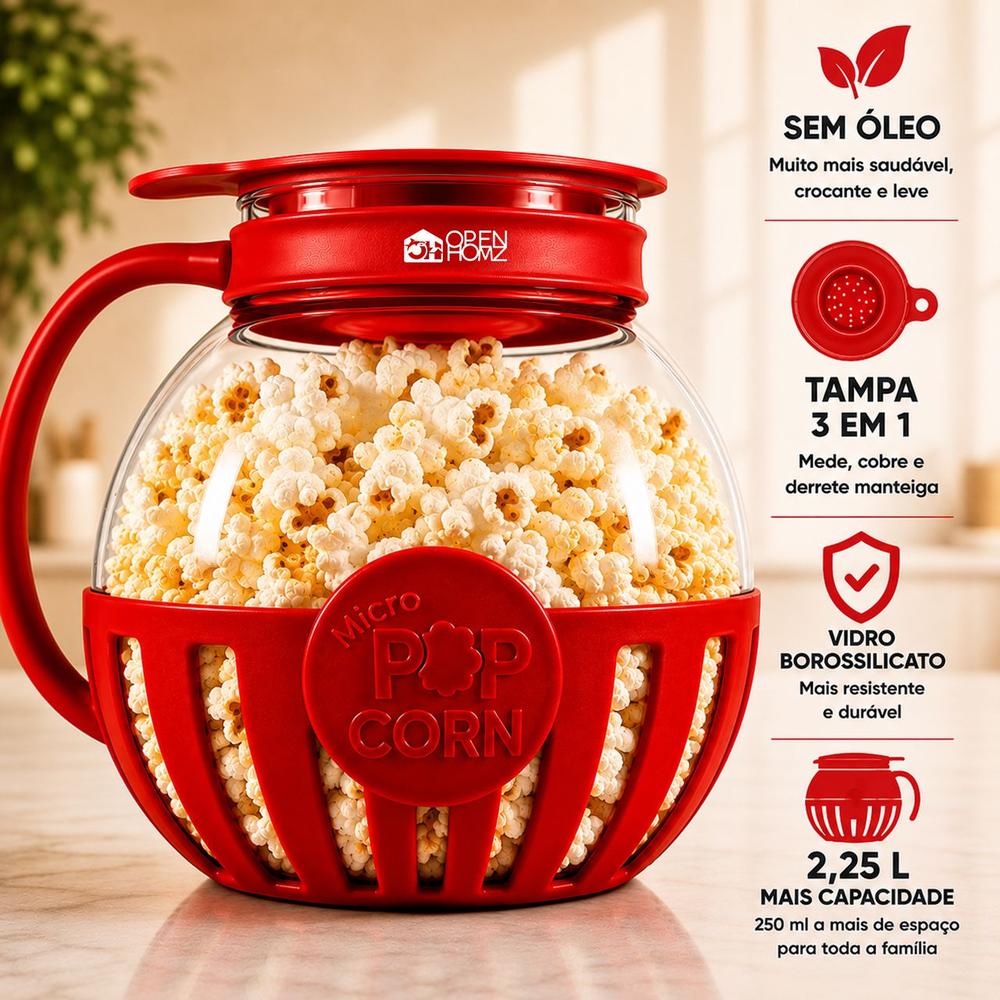 Pipoqueira de Microondas de Vidro e Silicone Com Tampa 3 em 1 Fitness Sem Óleo Saudável Bowl Recipiente...