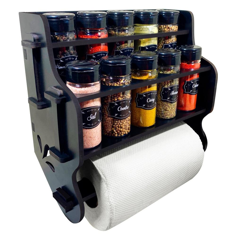Porta Temperos/Condimentos MDF kit 10 potes c/ Tampa Dosadora + Suporte para papel toalha + Adesivos *TL