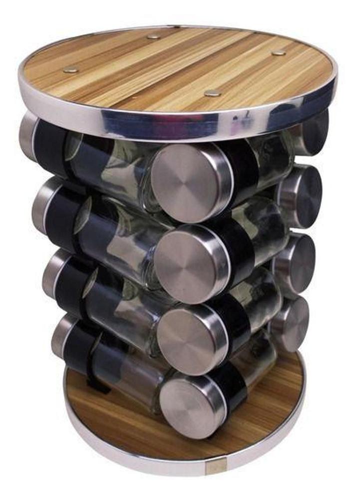 Porta Temperos Suporte Condimentos 16 Potes Vidro Giratório Cor Madeira Spice Carousel