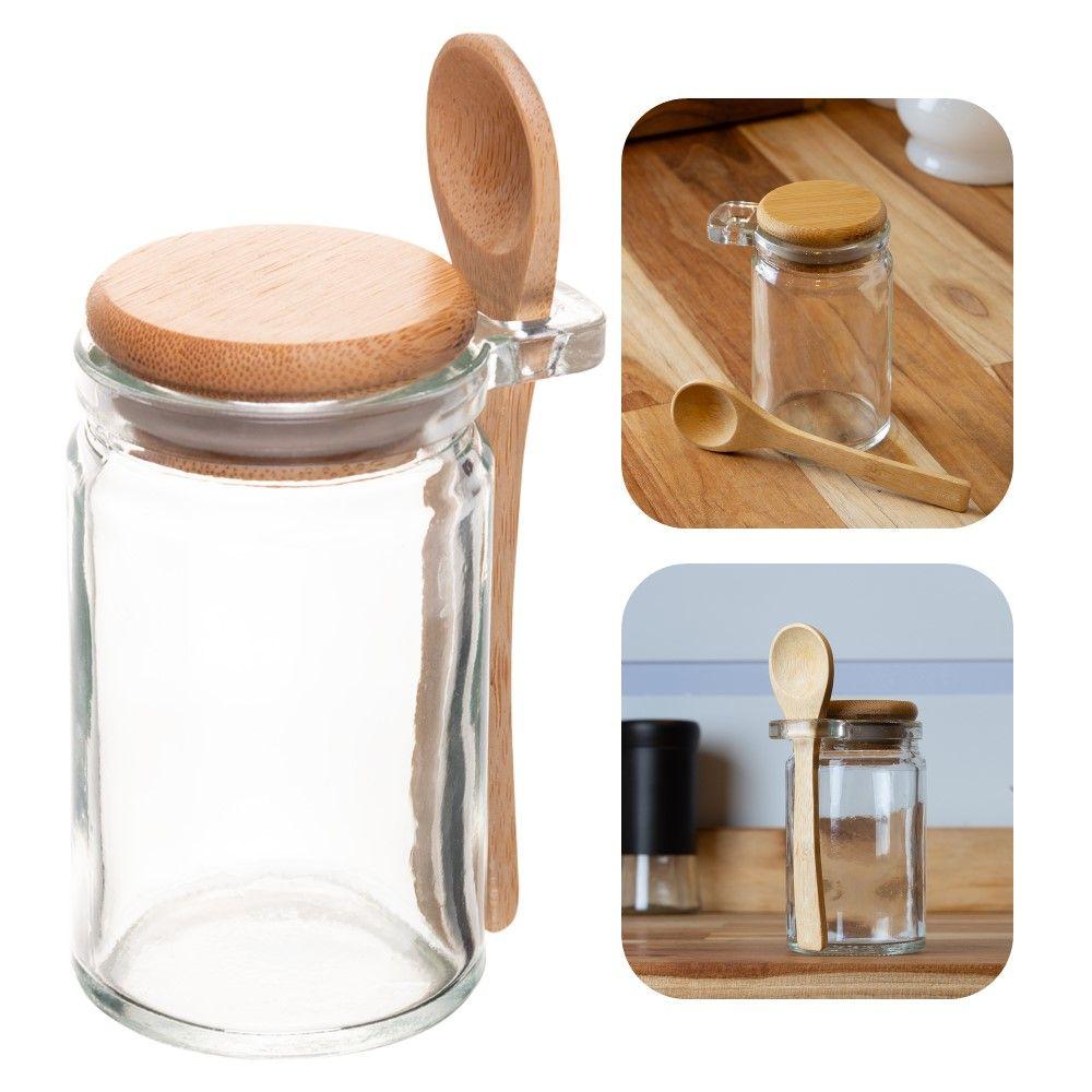 Pote Porta Temperos Condimentos de Vidro Hermético com Tampa e Colher de Bambu 350ml Wolff