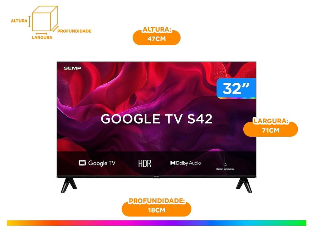Smart TV 32” SEMP HD LED 32S42 Google TV - 2 HDMI + Suporte para TV Fixo Indusat