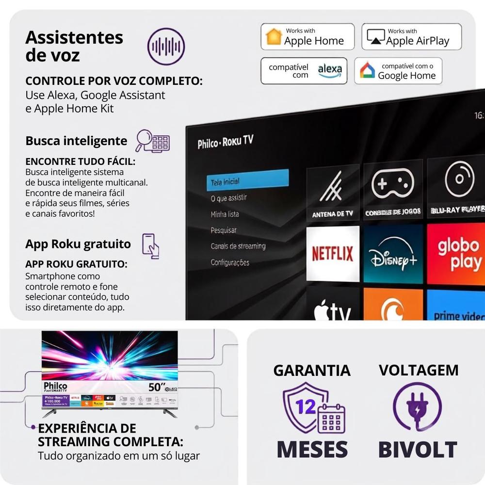 Smart tv philco 50 polegadas 4k roku p50crb quad core