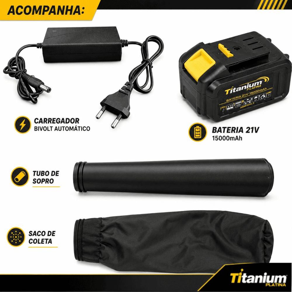 Soprador e Aspirador a Bateria 21V Titanium Platina 15000 mAh com Carregador Bivolt
