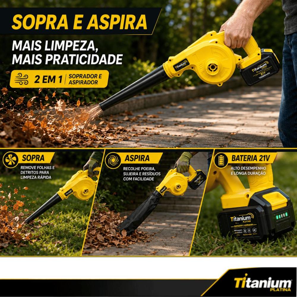Soprador e Aspirador a Bateria 21V Titanium Platina 15000 mAh com Carregador Bivolt