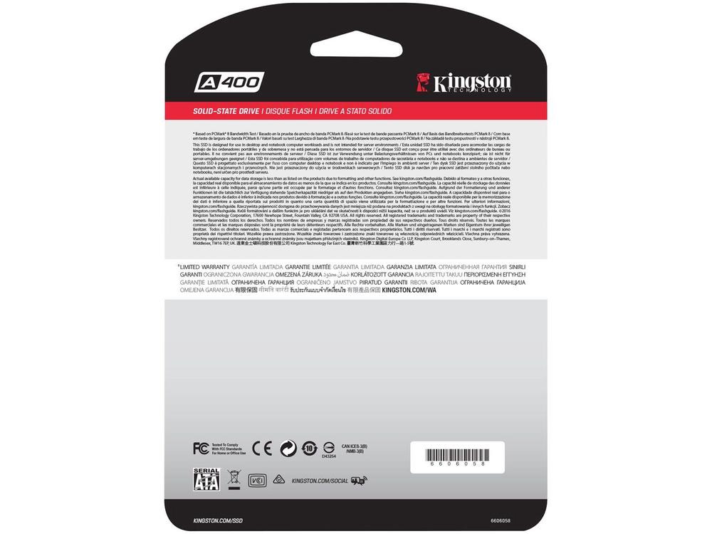 SSD 120GB Kingston A400 120GB SATA Rev. 3.0 - Leitura 500MB/s e Gravação 320MB/s