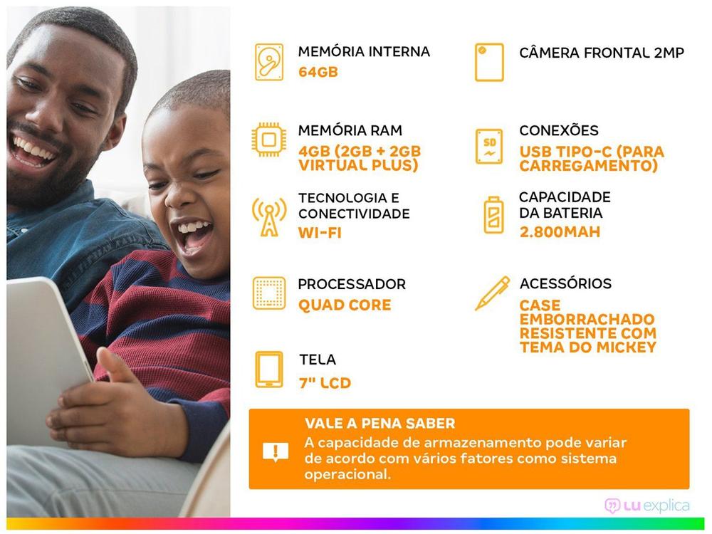 Tablet infantil multilaser nb413 7” 64gb 4gb ram android 13 go edition quad core wi-f - foto 2