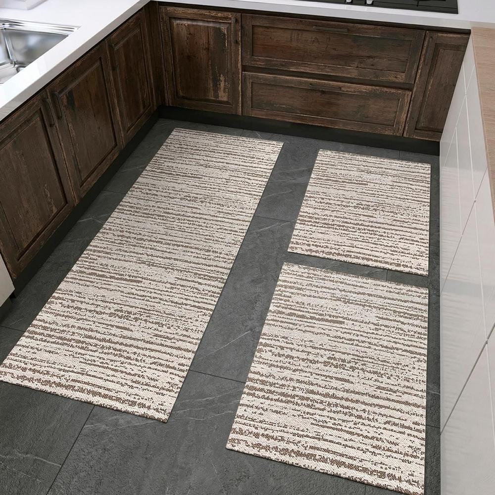 Tapetes para Cozinha Antiderrapante 3 Peças Jogo Passadeira 1,30m x 45cm Capacho 65cm x 45cm Decoração Bege Cru Caramelo Artesanal Jacquard