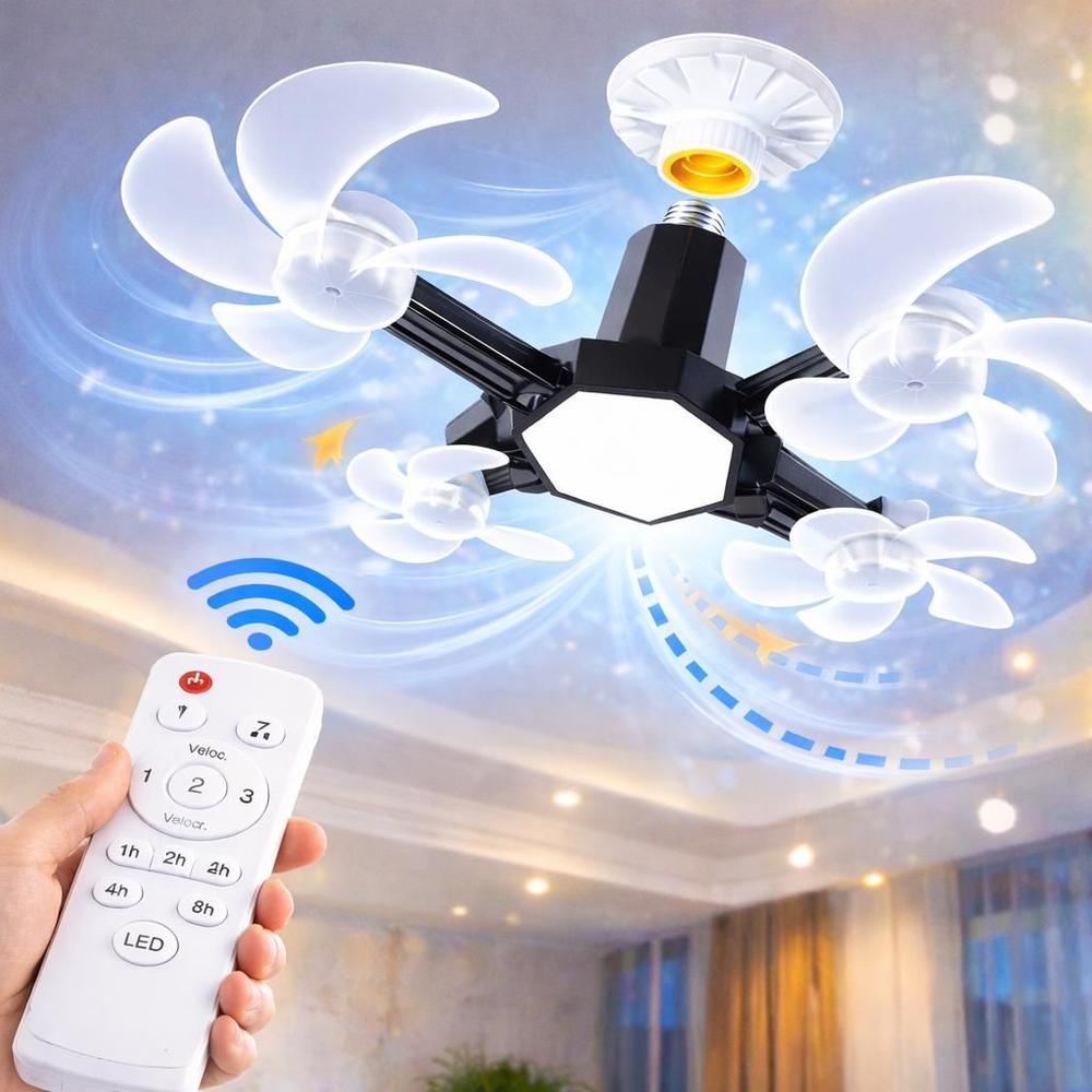 Ventilador Drone de Teto Lâmpada LED Bivolt Dobrável 60W Com Controle Remoto - Entrada E27 Com 4 Hél