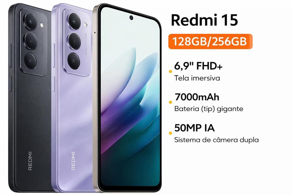 Xiaomi Redmi 15 Lançamento 2025 Tela 144Hz 50MP camera IA integrada 7000mAh Smartphone Top 1º Celular...