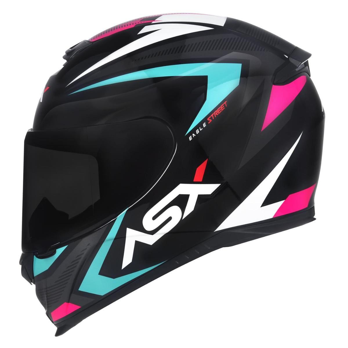 Capacete Fechado Viseira Cristal ASX Eagle Street Brilho Preto Tiffany Rosa Feminino Moto Scooter Leve Moderno Acabamento Brilhante Forro Lavável