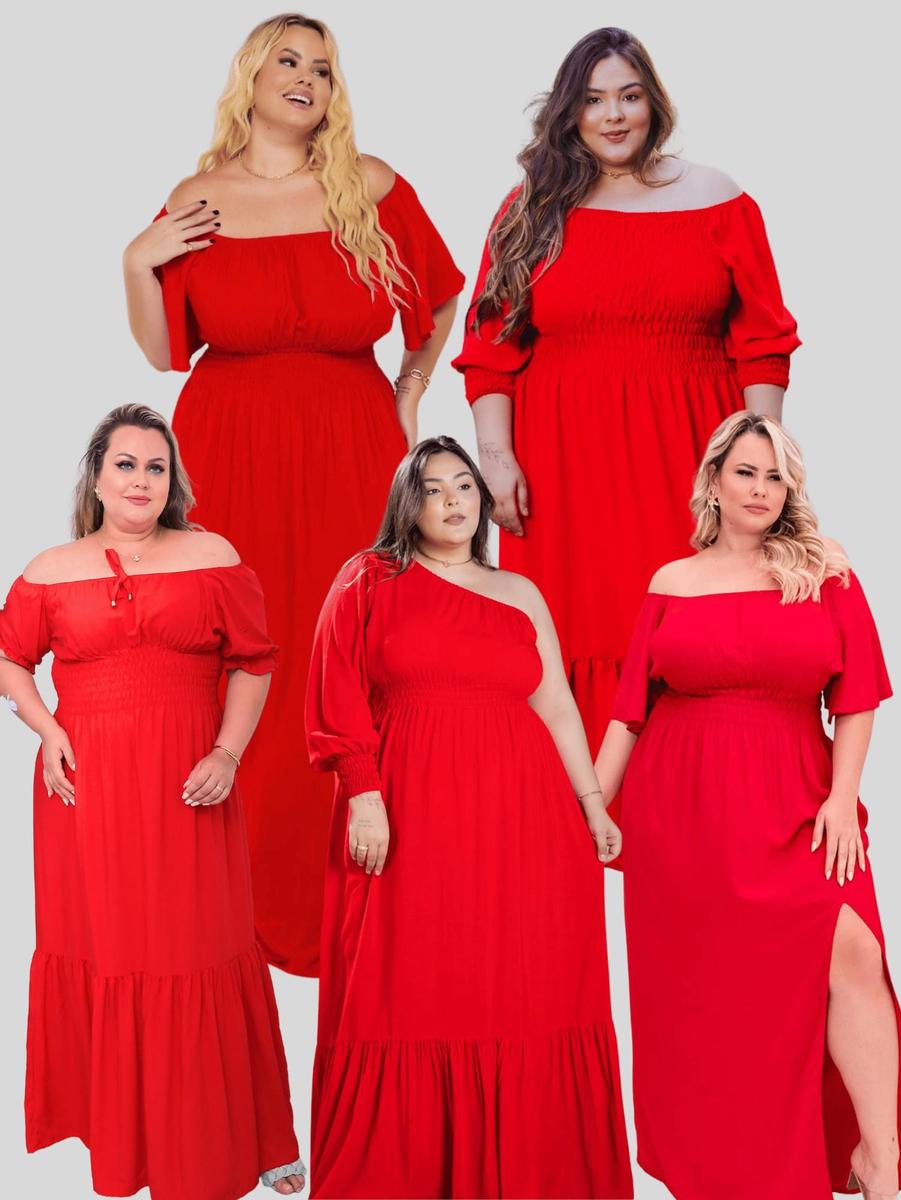 Vestidos Plus Size Vermelho Natal Longo Vários Modelos Fenda Babado Ombro a Ombro - snazzy store