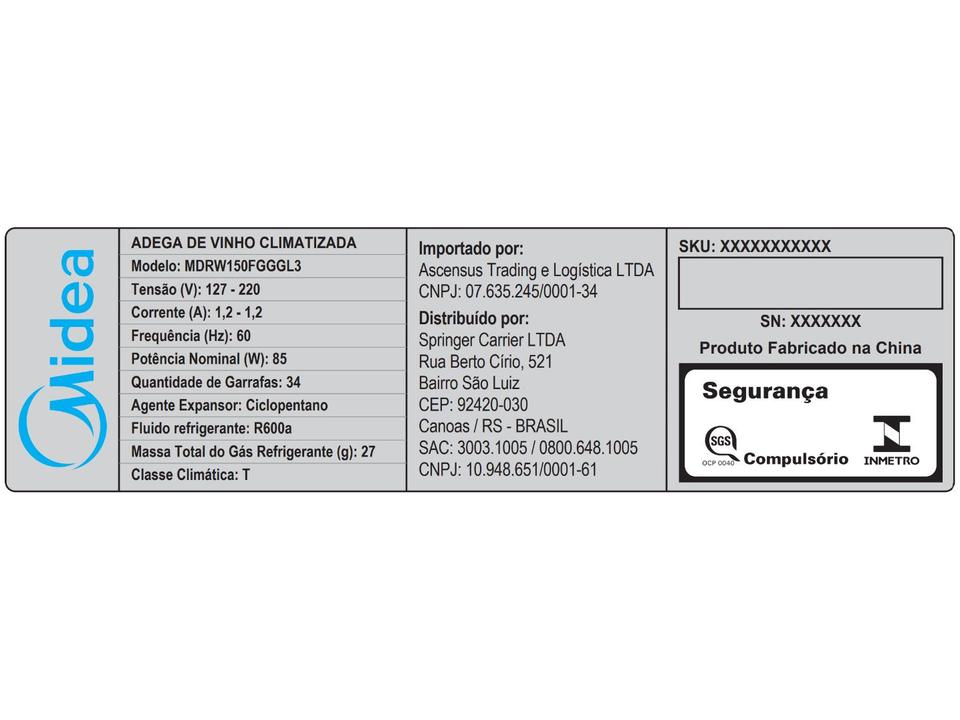 Adega Midea 34 Garrafas Preto com LED MDRW150FGGGL3 - 9