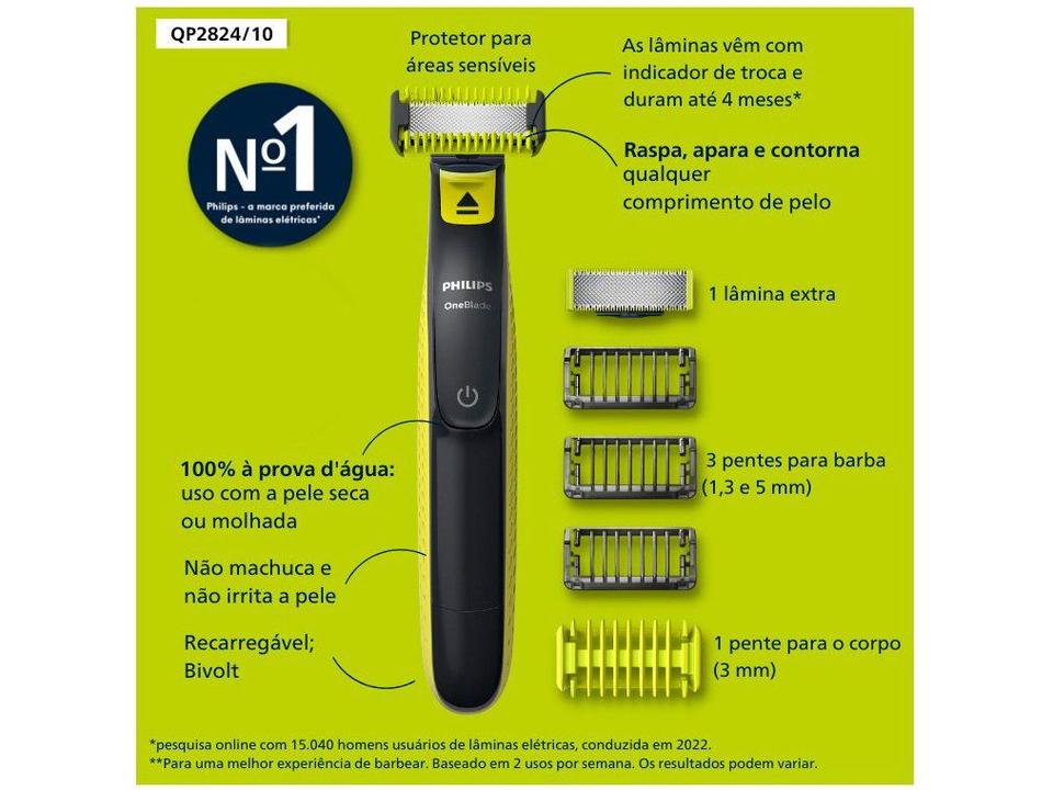 Aparador de Pelos Philips OneBlade QP2824/10 à Prova dágua 1 Velocidade 4 Pentes - 14
