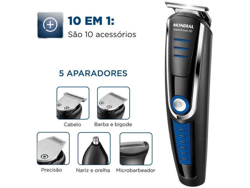 Aparador de Pelos Super Groom 10 BG-03 Mondial 6W Bivolt Preto e Azul - 3