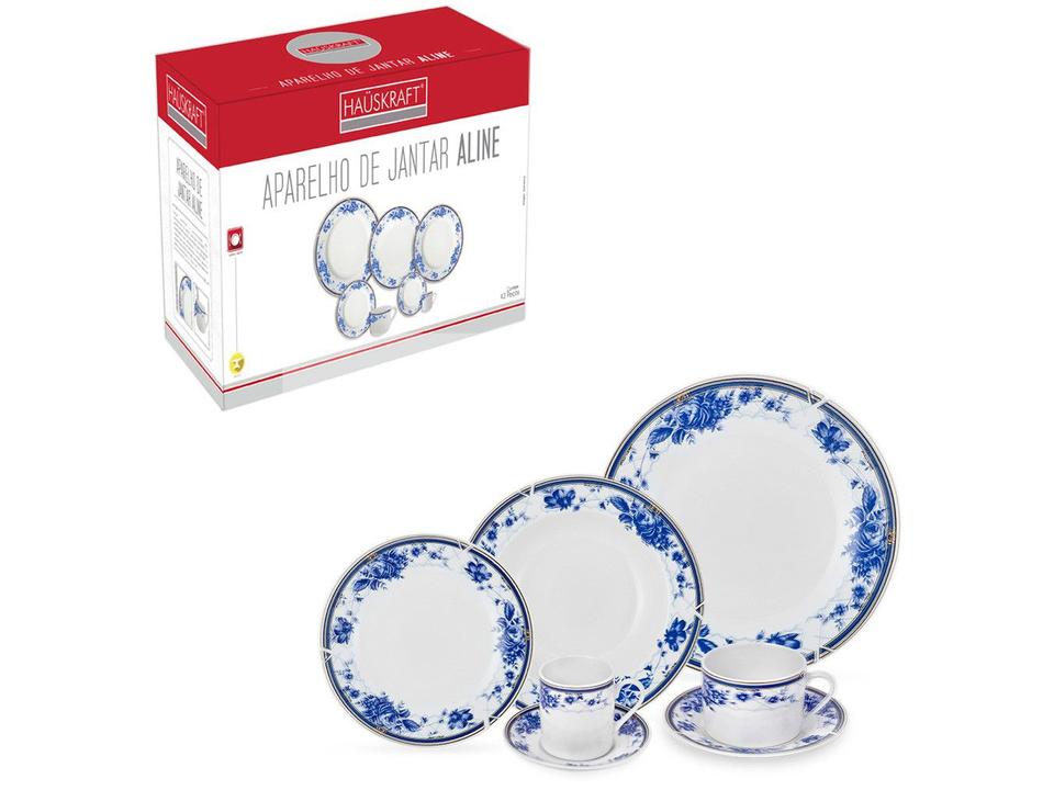 Aparelho de Jantar Chá e Café 42 Peças Hauskraft - Porcelana Branco e Azul Redondo Aline