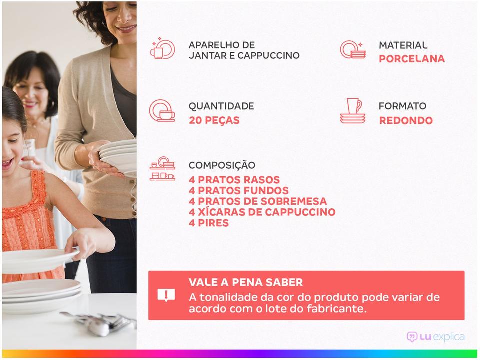 Aparelho de Jantar e Cappuccino 20 Peças Tramontina Redondo de Porcelana Cinza Arbo 96589038 - 1