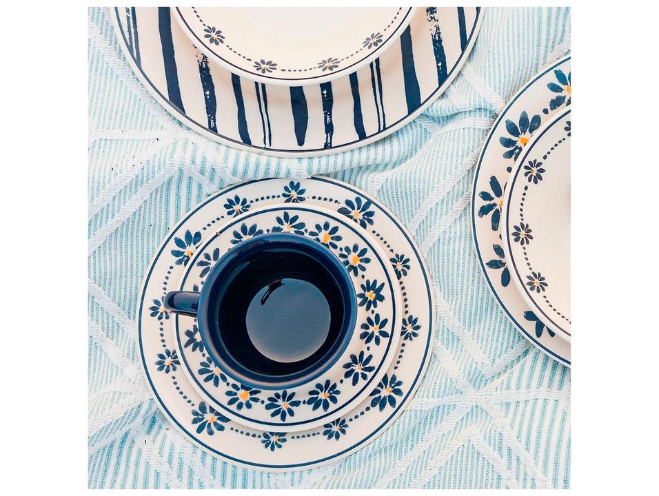 Aparelho de Jantar e Chá 20 Peças Biona Redondo de Cerâmica Azul Donna 24 Margaridas - 1