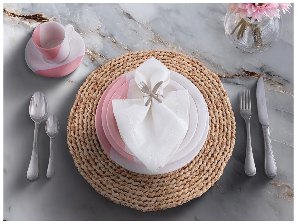 Aparelho de Jantar e Chá 20 Peças Cerâmica Brasilia Redondo Branco e Rosa Atual - 1