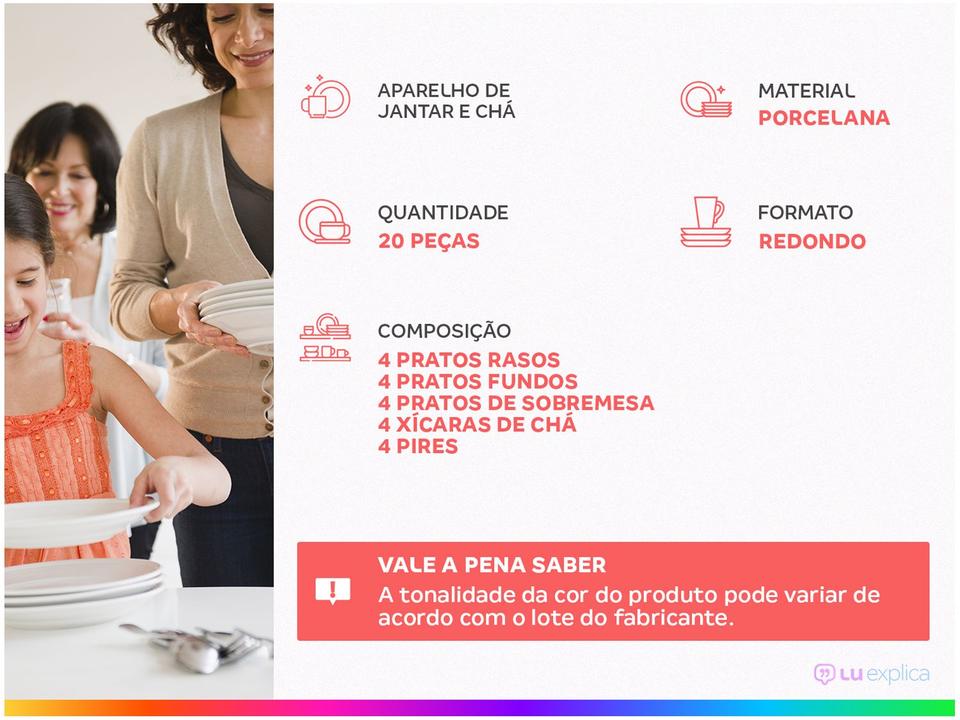 Aparelho de Jantar e Chá 20 Peças Tramontina Redondo de Porcelana Branco e Azul Soho 96589036 - 1
