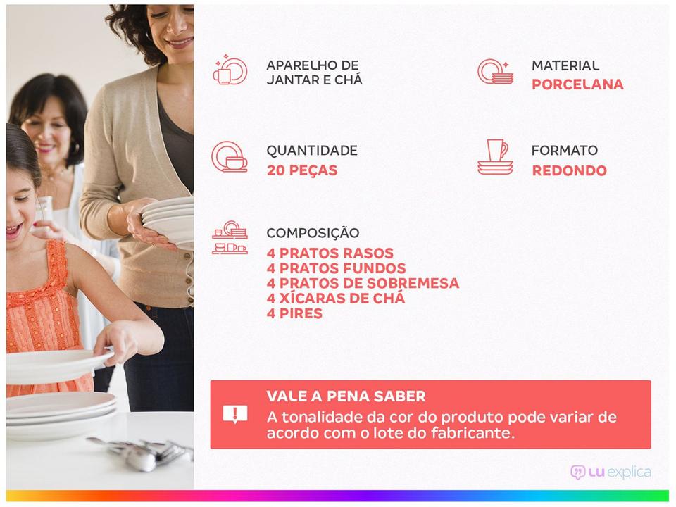 Aparelho de Jantar e Chá 20 Peças Tramontina Redondo de Porcelana Branco Ornatta 96589050 - 1