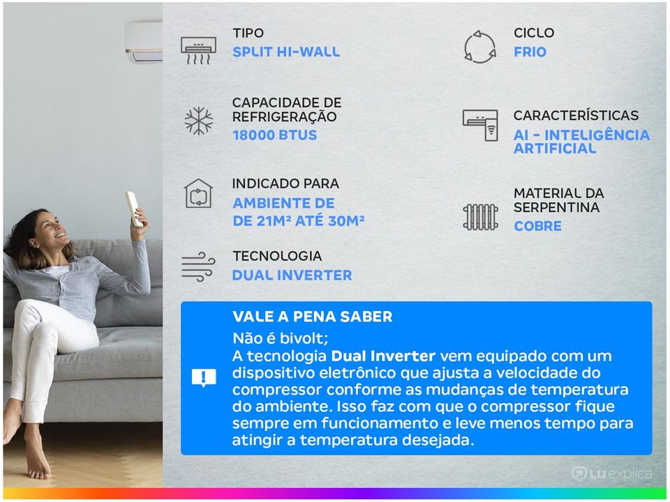 Ar-condicionado Split Hi-Wall LG Dual Inverter Compact +AI 18.000 BTUs Frio S3-Q18KLQAL - 1
