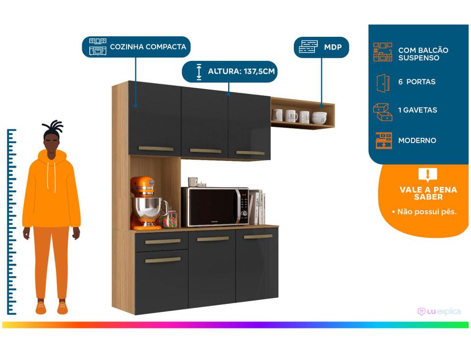 Armário de Cozinha Compacta Aramóveis Carol com Balcão 6 Portas 1 Gaveta - 1