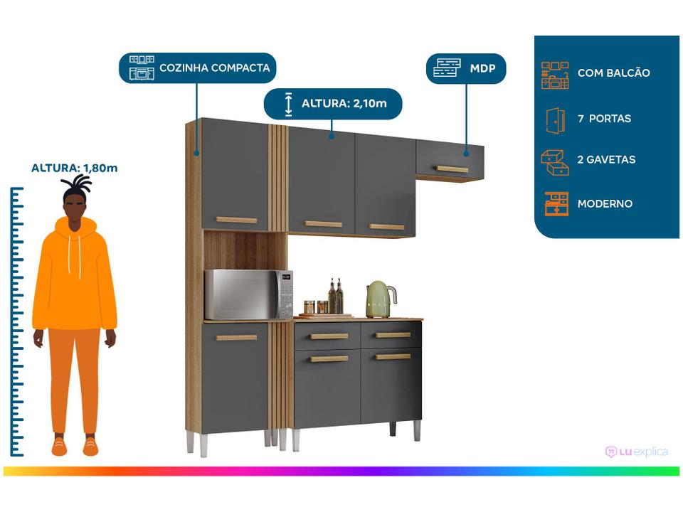 Armário de Cozinha Compacta Aramóveis Juma com Balcão 7 Portas 2 Gavetas - 1