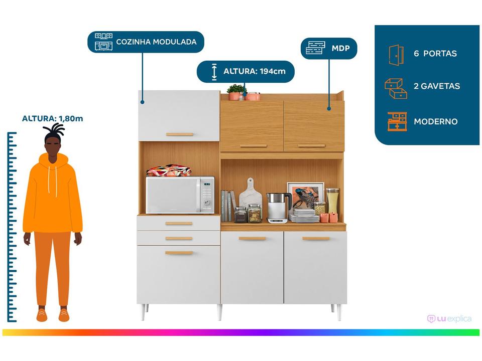 Armário de Cozinha Compacta Aramóveis Selena com Balcão 6 Portas 2 Gavetas - 1