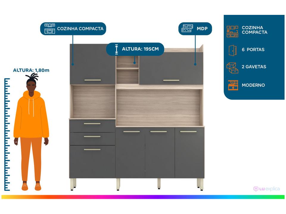 Armário de Cozinha Compacta Demóbile Select com Balcão Nicho para Micro-ondas 6 Portas 2 Gavetas - 1