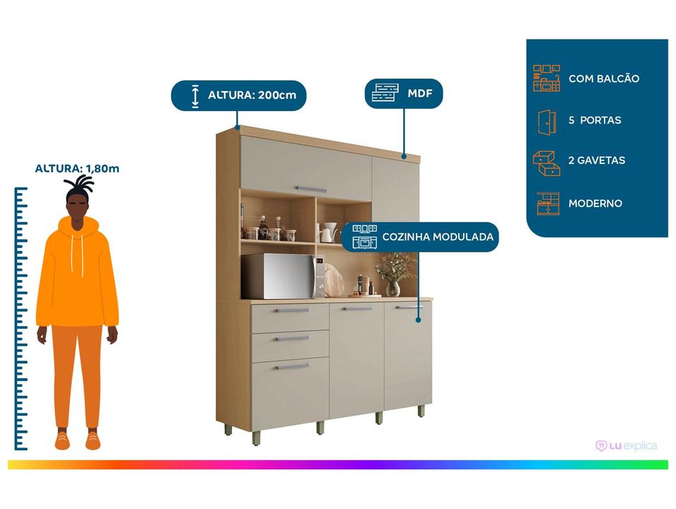 Armário de Cozinha Compacta Nesher Nobreza com Balcão 5 Portas 2 Gavetas 100% MDF - 1