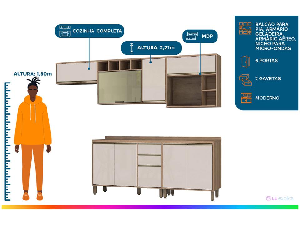 Armário de Cozinha Completa Luciane Parma com Balcão para Pia 8 Portas - 1