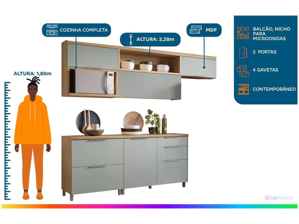 Armário de Cozinha Completa Nesher Duquesa 100% MDF com Balcão 5 Portas 4 Gavetas - 1