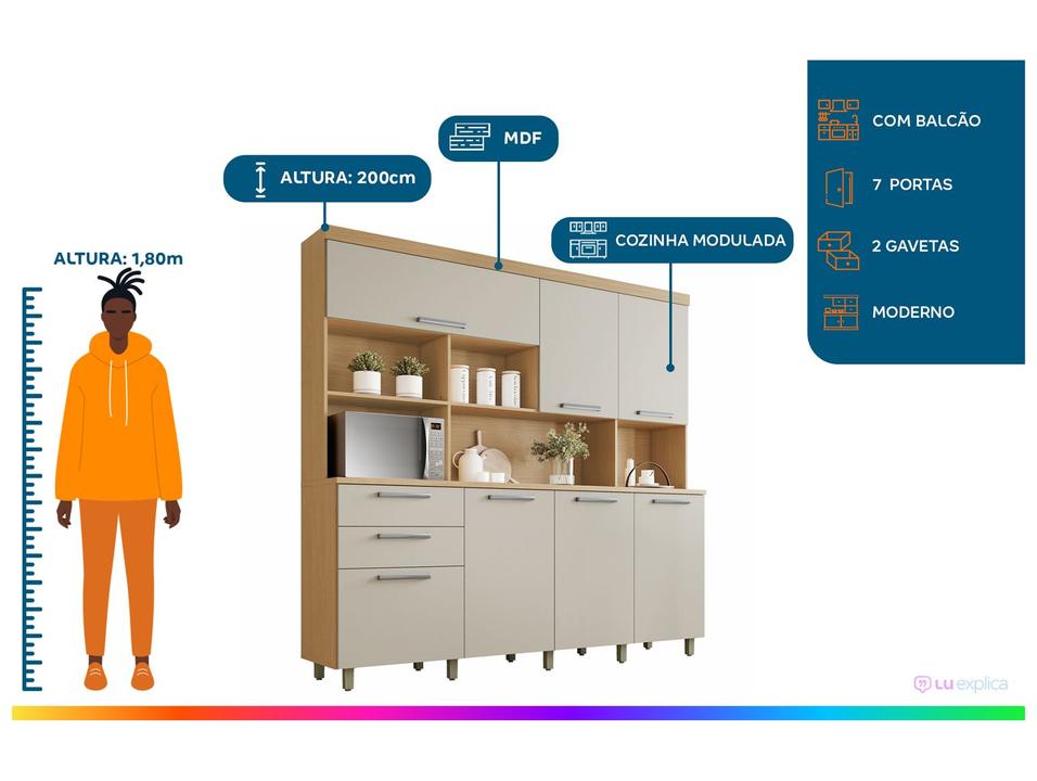 Armário de Cozinha Completa Nesher Nobreza com Balcão 7 Portas 2 Gavetas 100% MDF - 1