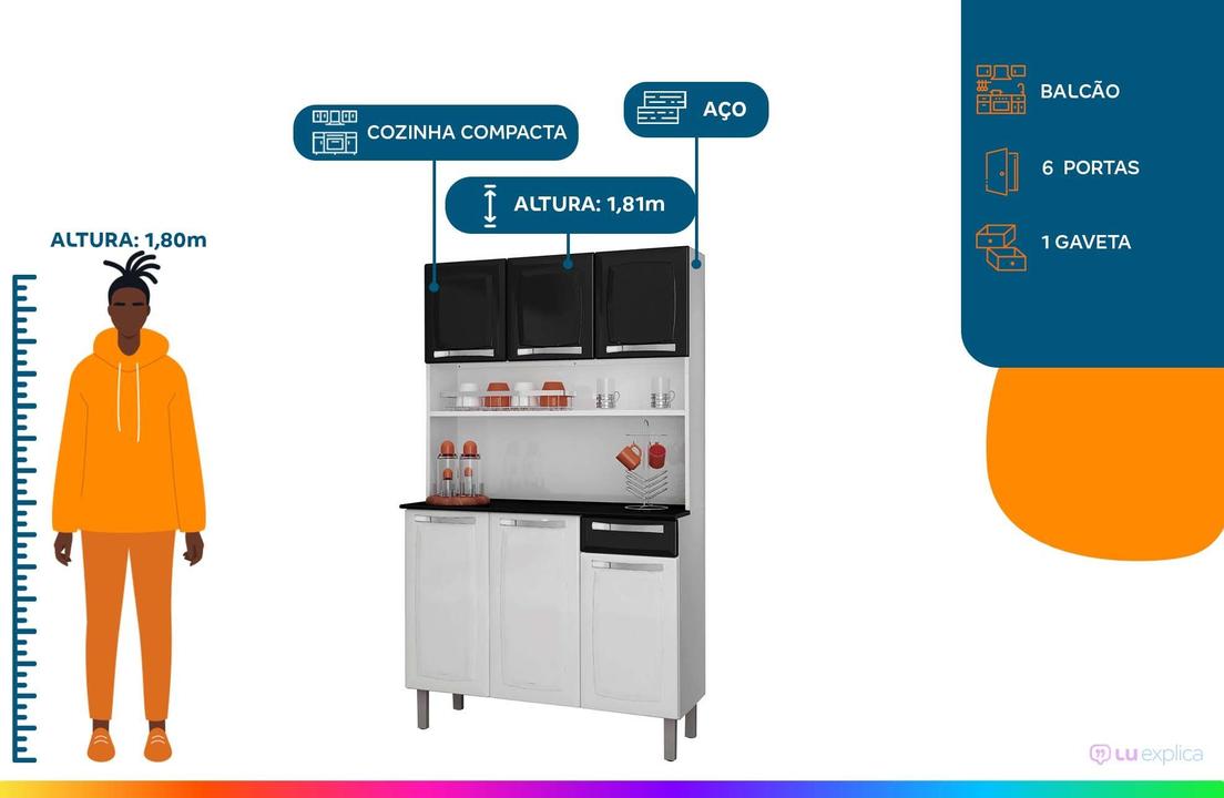 Armário de Cozinha Kit Compacta Itatiaia Rose Aço 6 Portas 1 Gaveta - 1
