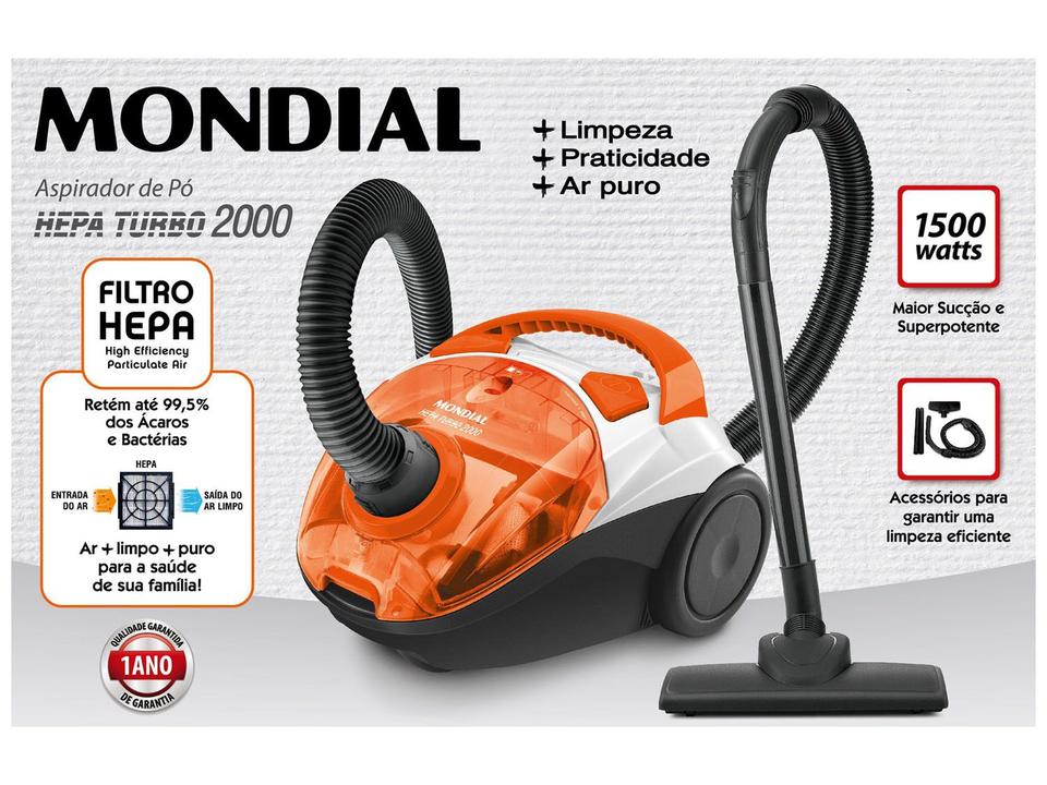 Aspirador de Pó Mondial Filtro HEPA 1500W - Hepa Turbo 2000 Laranja e Branco - 110 V - 9