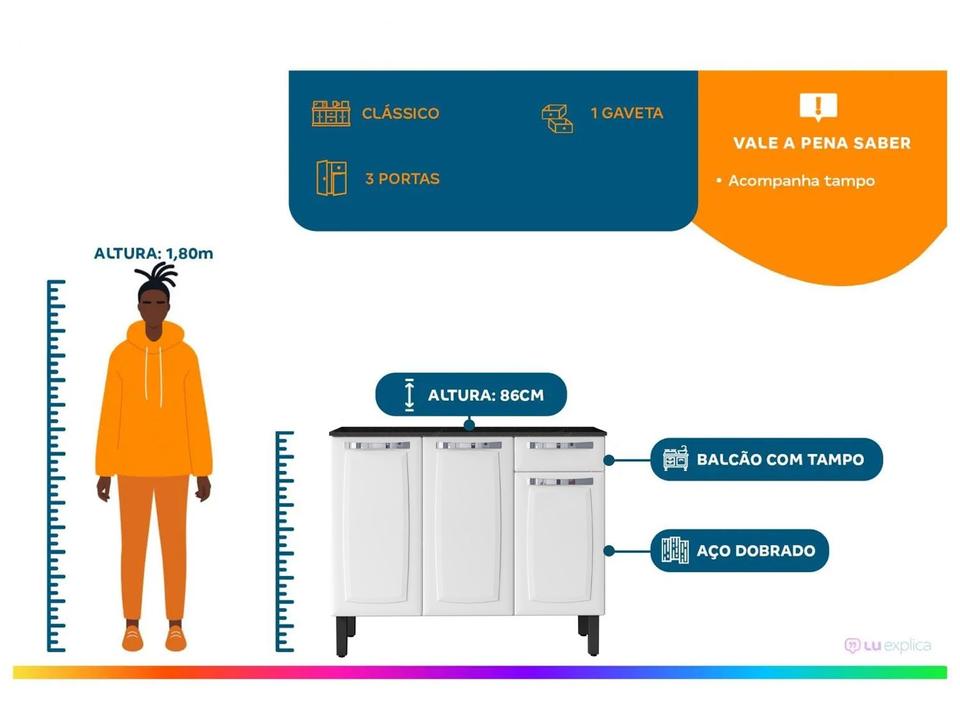 Balcão de Cozinha com Tampo Itatiaia Aço 3 Portas 1 Gaveta Rose - 1