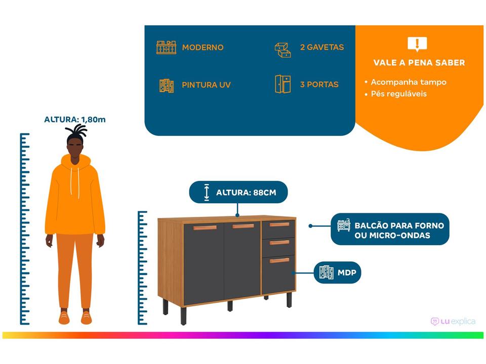 Balcão de Cozinha para Forno ou Micro-ondas Itatiaia 3 Portas 2 Gavetas Nápoles - 1