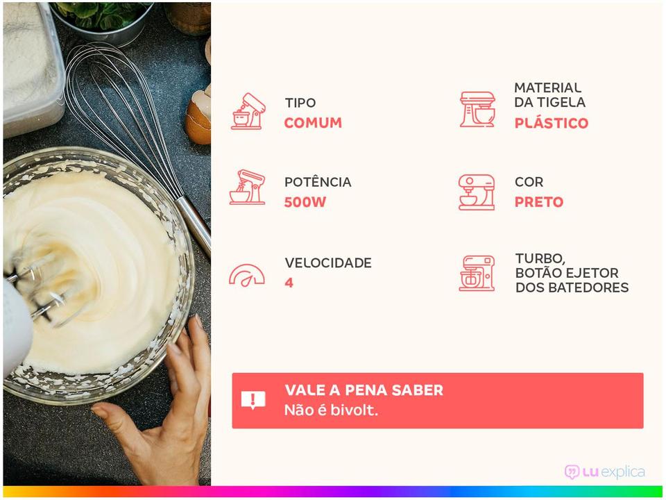 Batedeira Britânia Preta 500W 4 Velocidades 4,3L Pérola 550 - 1