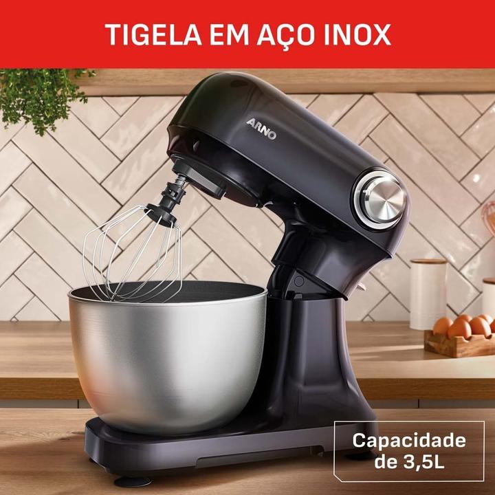Batedeira Planetária Arno Inox e Preta 500W 12 Velocidades Tigela Inox 3,5L Bake Easy KM10 com 3 Batedores - 1