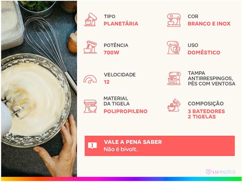 Batedeira Planetária Mondial Branco e Inox 700W - 1